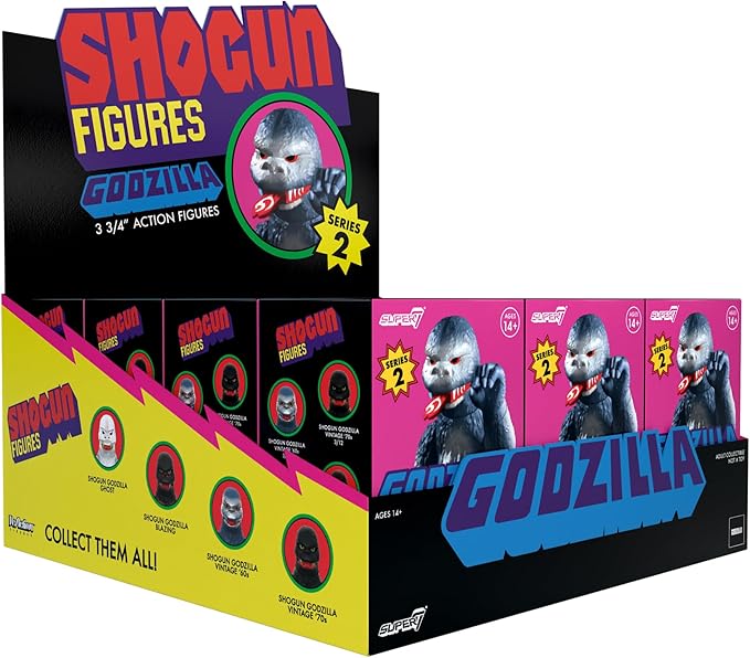 Super7 Toho Shogun Godzilla Blind Box Flat Reaction Figures - (12 Pack) 3.75" Toho Godzilla Action Figures Classic Movie Monster Collectibles and Retro Toys