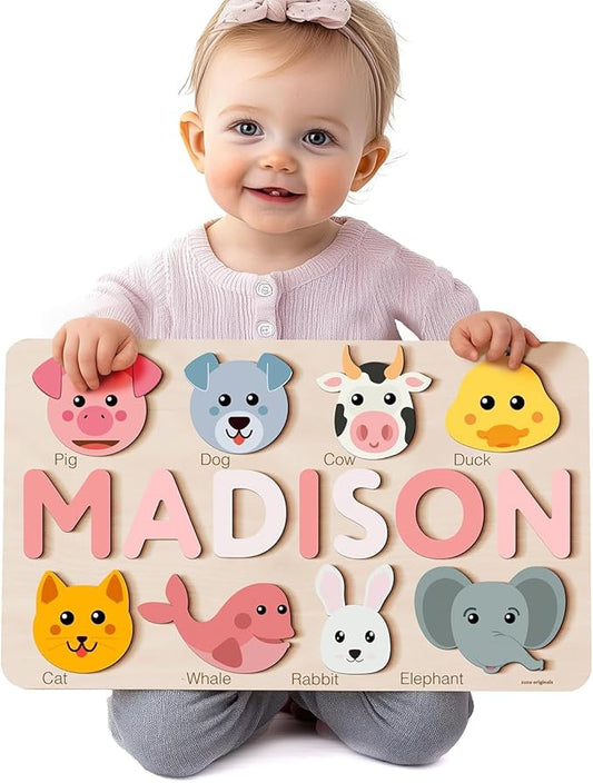 Personalize Name Puzzle for Toddler with Animal, Baby Gift for Girl and Boy 0 1 2 3 Year Old, Personalized Puzzle for Kid, 1 Year Old Kid Gifts, Customized Baby Gift, Educational Name Toy