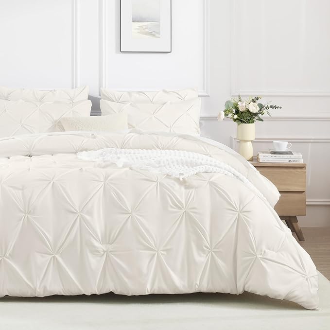 Andency Ivory Comforter Set Oversized Queen(98x98Inch), 3 Pieces Comforter for Girls Kids, Soft Microfiber Pinch Pleat Comforter Set, All Season Lightweight Bedding Set