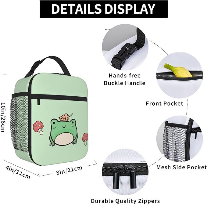 Frog and Mushroom Lunch Box Girls Boys Insulated Lunch Bag Reusable Lunchbox with Side Pocket, Cute Lunch Box for Girls Boys, Waterproof Lunch Tote Bag for Women Men Kids Work Office School Picnic