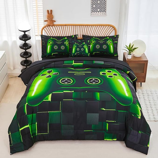PERFEMET 6 Pcs Gaming Bedding Set Queen Size Green Game Console Kids Bed in A Bag 3D Black Gamer Comforter Set with Sheets for Boys Teen Lightweight Video Gamepad Bedroom Set(Green, Queen)