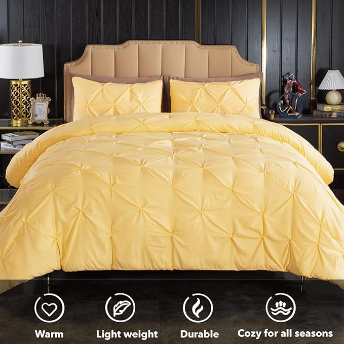 Andency California King Comforter Set Yellow (104x96Inch), Pinch Pleat Cal King Comforter Set 3 Pieces, Oversized King Pintuck Bed Comforter, Microfiber Down Alternative Comforter Bedding Set