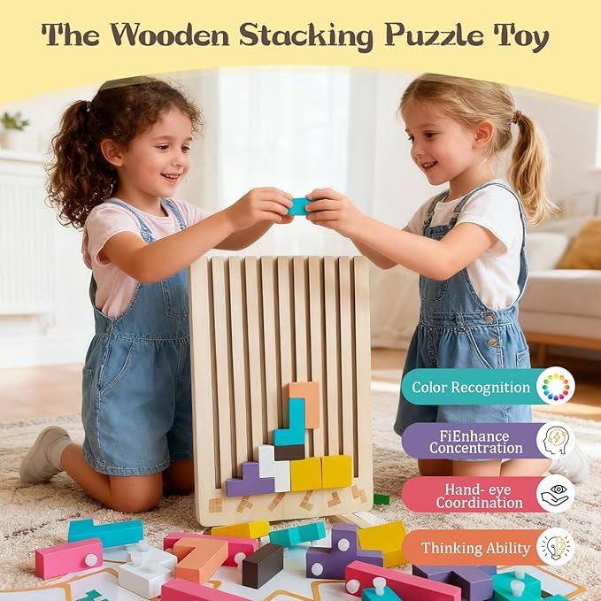 Wooden Stacking Puzzle Toy, 3D Russian Block Puzzle Jigsaw Puzzle, Stress Montessori Toy for Boys and Girls Board Game Educational Toys for Toddlers Brain Teasers for Toddlers 3-6 Years
