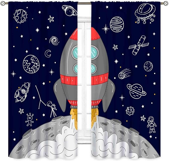 Kids Space Curtains for Boys Room, Cartoon Rocket Universe Galaxy Space Planets Navy Blackout Kids Window Drapery Treatments for Bedroom Living Room Nursery Playroom 2 Panels, 52"x84" Inch