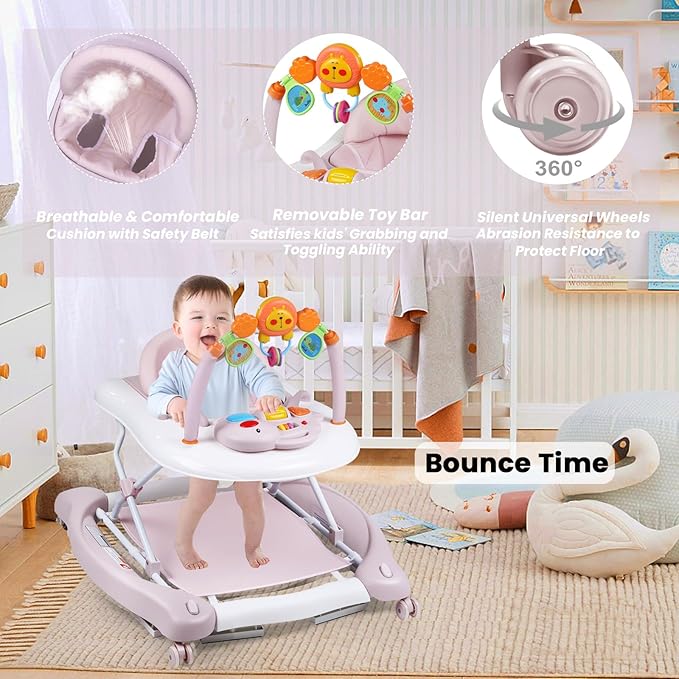 Baby Walker, 5-in-1 Baby Walkers for Boys and Girls 6-12 Months with Bouncer, Removable Footrest, Feeding Tray & Music, Foldable & Adjustable Activity Walker for 6-18 Months Toddler Infant