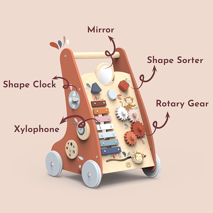 SPEEDY MONKEY Multi-Activity Wooden Baby Walker | 9-in-1 Toddler Toy Includes Shape Sorter, Bead Maze, Xylophone, Blocks & More | Learning Toy for Fine Motor Skill, Early Development & Balance