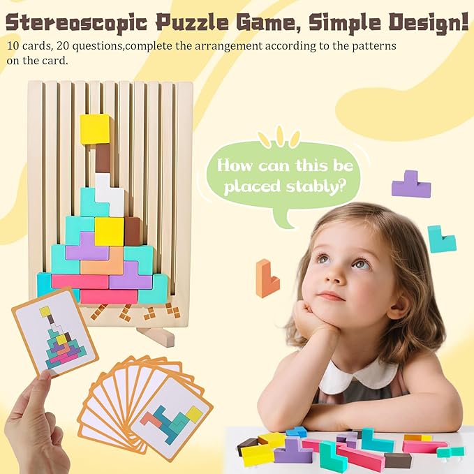 Wooden Stacking Puzzle Toy, 3D Russian Block Puzzle Jigsaw Puzzle, Stress Montessori Toy for Boys and Girls Board Game Educational Toys for Toddlers Brain Teasers for Toddlers 3-6 Years