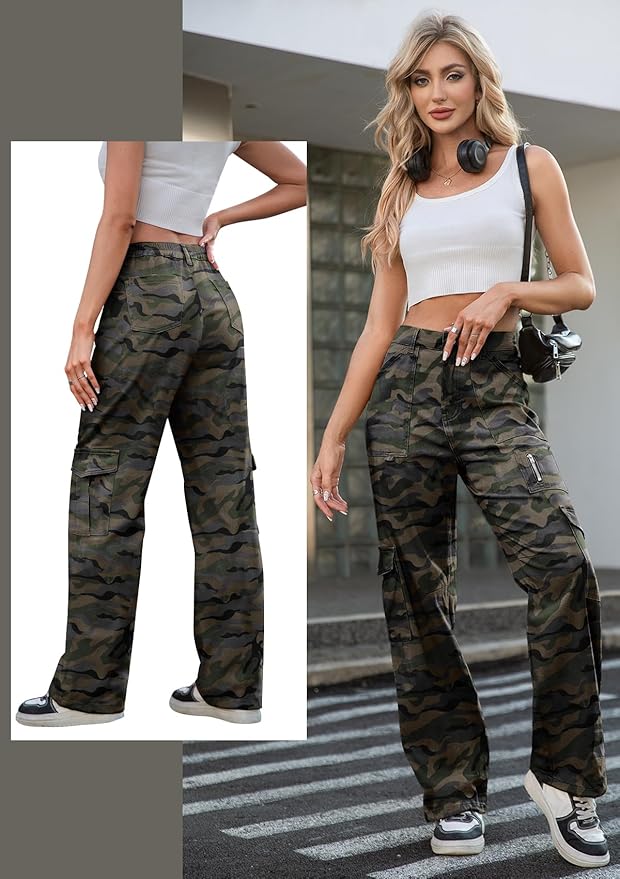 IVIR Cargo Pants Women High Waist Wide Leg Casual Pants with 7 Pockets Stretchy Drawstring Baggy Y2K Trousers