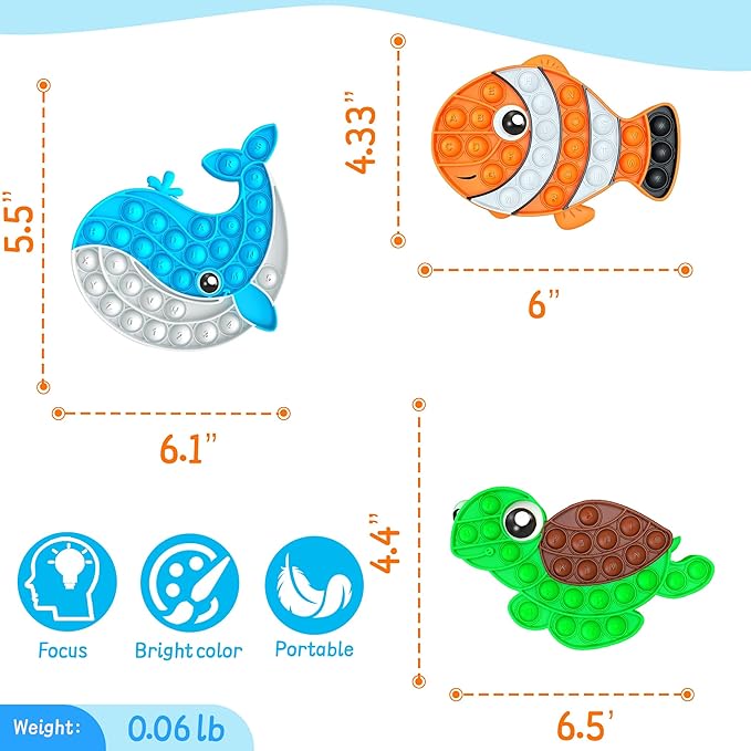 3 Pcs Fidget Toys for Kids,Push Bubble Bulk Sea Animals Sensory Toy Sets Fish Turtle Whale Stress Relief Figettes Classroom Prizes,Travel Stuffers Birthday Gifts for Toddler Teen Boys Girls Adults