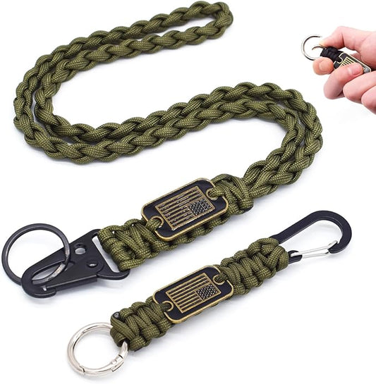 Heavy Duty Braided Paracord Lanyard Keychain with USA Flag, Parachute Rope Necklace Keychains, Braided Strong Lanyard