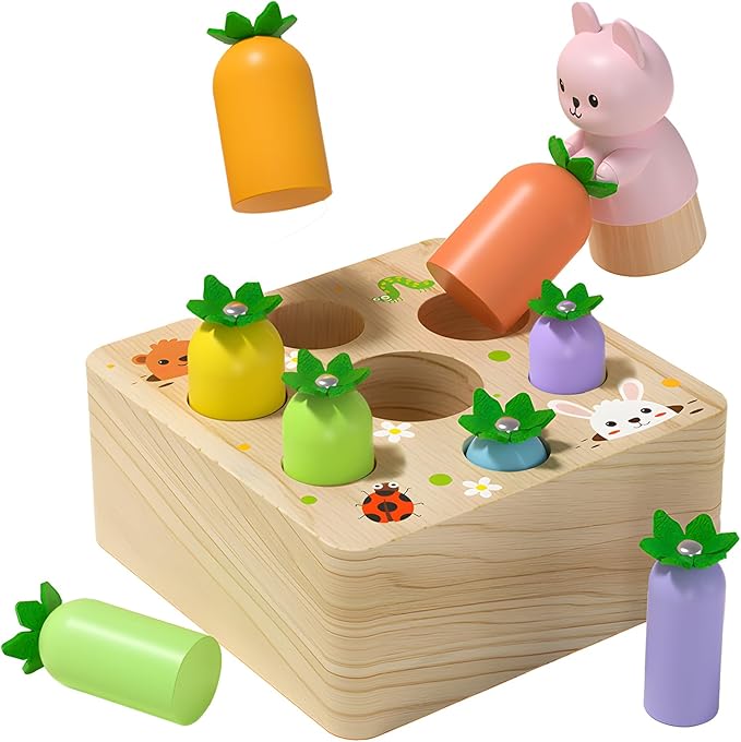 Montessori Toys for Baby 6-12 Months, Wooden Toy for 1 Year Old Boys and Girls, Magnetic Carrot Game for Toddlers, Shape Sorting Matching Puzzle, Educational Birthday (Bouncing Carrot)
