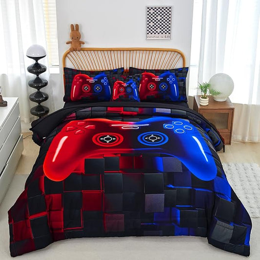 PERFEMET 6-Piece Boys Bedding Set Queen Size Red and Blue Game Console Kids Bed in A Bag Soft Lightweight 3D Cool Video Gamer Comforter Set with Sheets(Red Blue, Queen)