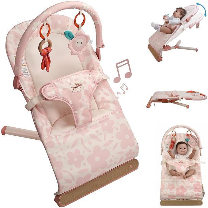 Tiny Marvels Baby Bouncer, 3-Point Harness Baby Bouncer Seat for Newborn Toddler, Portable Baby Rocking Chair with Sensory Toys and Music, Compact & Portable Baby Bouncers Chair (Pink Floral)