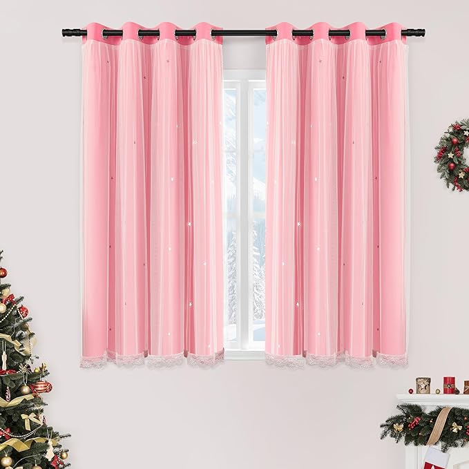 XiDi Pink Curtains with Sheer Overlay for Girls Bedroom 2 Panels Blackout Double Layer Curtains 63 Inches Length for Kids Princess Nursery Room Star Cut Out Home Decor Grommet Window Drapes W52 X L63