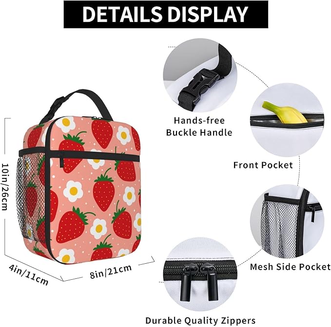 Strawberry Insulated Lunch Bag Kids,Kids Lunch Box for Girls Boys,Bento Lunch Box Cooler Bag with Front Pocket for Women Men,Cute Lunch Tote Bag Lunchbox for Work/Office/School/Picnic