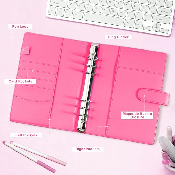 A5 Kpop Photocard Binder, PU Leather 6-Ring Album with Magnetic Closure, Includes 30 Pack 4-Pocket Pages for 240 Cards, Card Holder for Trading and Collectible Cards (Rose)