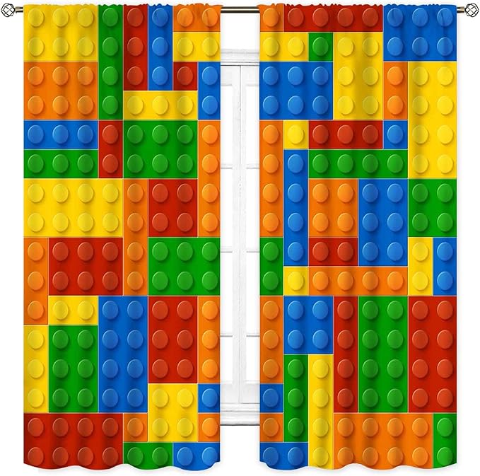 Building Blocks Curtains for Boys Room, Abstract Colorful Plastic Building Brick Blocks Geometric Printed Pattern Window Treatment Drapes for Kids Baby Bedroom Living Room, 84"x84" Inch