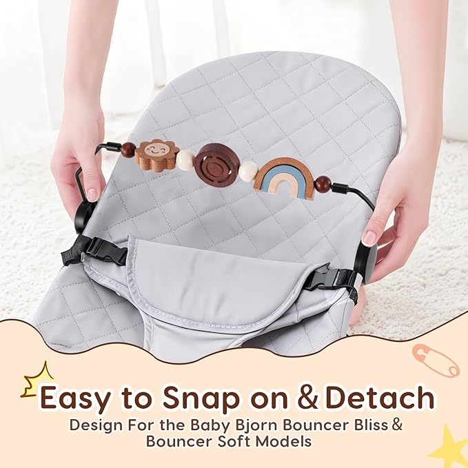 Baby Bouncer Toy Bar Wooden Compatible with Baby Bjorn Bouncer, Durable Wooden Bouncer Toy Bar Attachment, Tight and Secure Fit, Rotatable Sensory Toys for Curious Babies (Flower and Rainbow)