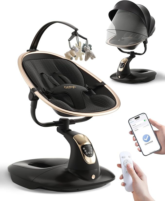 Baby Swing for Infants to Toddler, Electric Baby Swing with Sturdy Shield-Shaped Base, 180° Rotation Portable Infant Swing for Newborn Baby Boy Girl Up to 20 lbs, 5-Speeds & 12 Preset Lullabies, Black