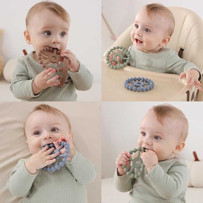 3 Pack Ring Teether Baby Infant Toys, Baby Essentials, Silicone Teething Ring Toys for Babies 6 Months, Seposeve Toddler Teethers 6-12 Months 12-24 Months, Infant Teething Relief, Brown Green Blue