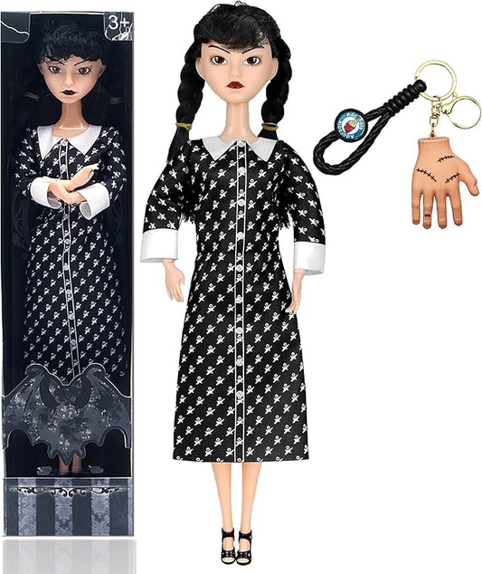 11.5''Addams Doll, Black Dress Christmas Dolls, Black High Heels, and Black Hair, Birthday Gifts for Kids Girls Fans (E)