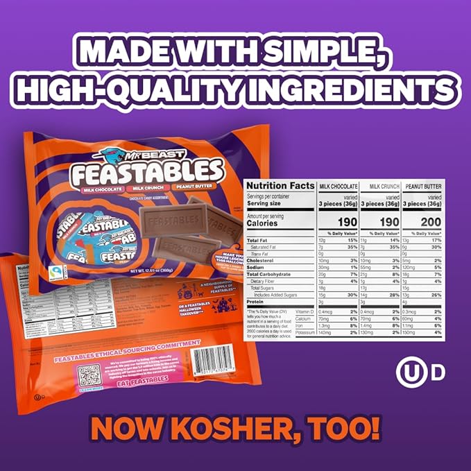 Feastables Mrbeast Halloween Candy Variety Pack With Milk Chocolate, Peanut Butter, & Milk Crunch Mini Bars, Trick or Treat Chocolate Bar Snacks or Party Favors, Fairtrade Cocoa, 12.69 Oz Bags, 4 Pack