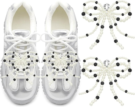 DELELE Pearl Bowknot Shoe Charms: Pearls Bow Sneakers Decorations for Women 2Pcs