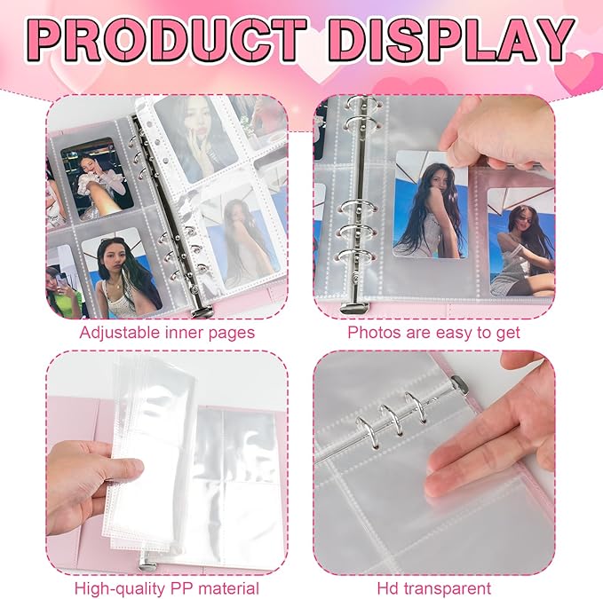 A5 Kpop Photocard Binder, 6 Ring Binder Album with 200 Card Slots, Leather Binder Cover with Magnetic Buckle Closure for Organizing Trading Cards(Pink)