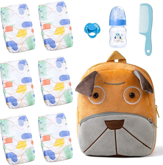 10 Pcs Reborn Baby Doll Diaper Bag Care and Feeding Set with Puppy Backpack Diapers Pacifier Bottle Comb for 17-24 inches Reborn Dolls Accessories Newborn Baby