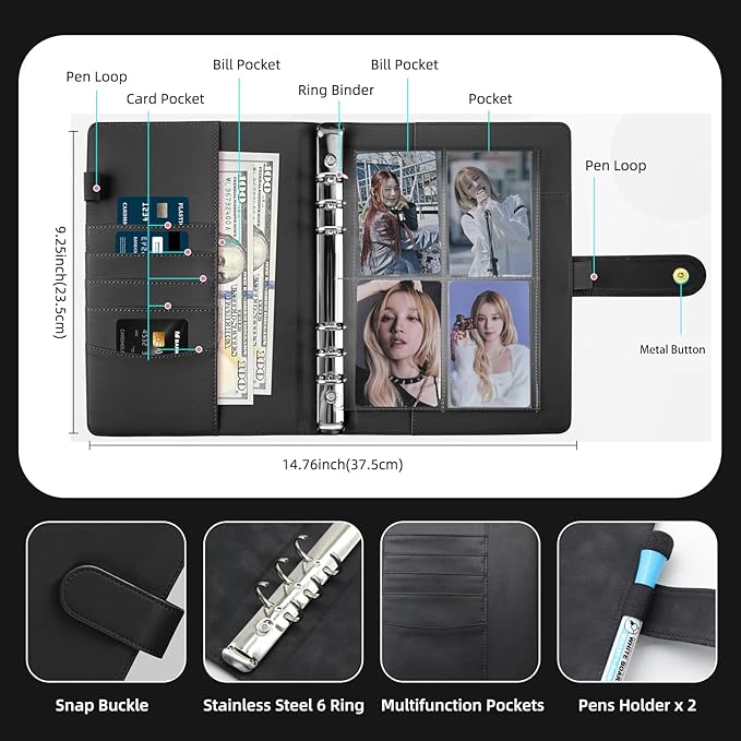 A5 Kpop Photocard Binder, 6 Ring Binder Collector’s Album with 240 Card Slots, PU Leather Cover for Organizing K-Pop, Trading Cards, Game Cards & Memorabilia (Black)