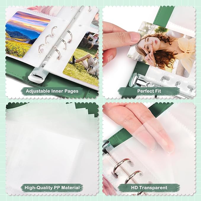 A5 Photocard Holder and Binder, PU Leather 6-Ring Album with Magnetic Closure, Includes 30 Pack 4-Pocket Pages for 240 Cards, Card Holder for Kpop, Trading, and ID Cards (Forest Green)