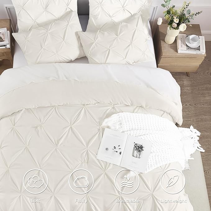 Andency Ivory Comforter Set Oversized Queen(98x98Inch), 3 Pieces Comforter for Girls Kids, Soft Microfiber Pinch Pleat Comforter Set, All Season Lightweight Bedding Set