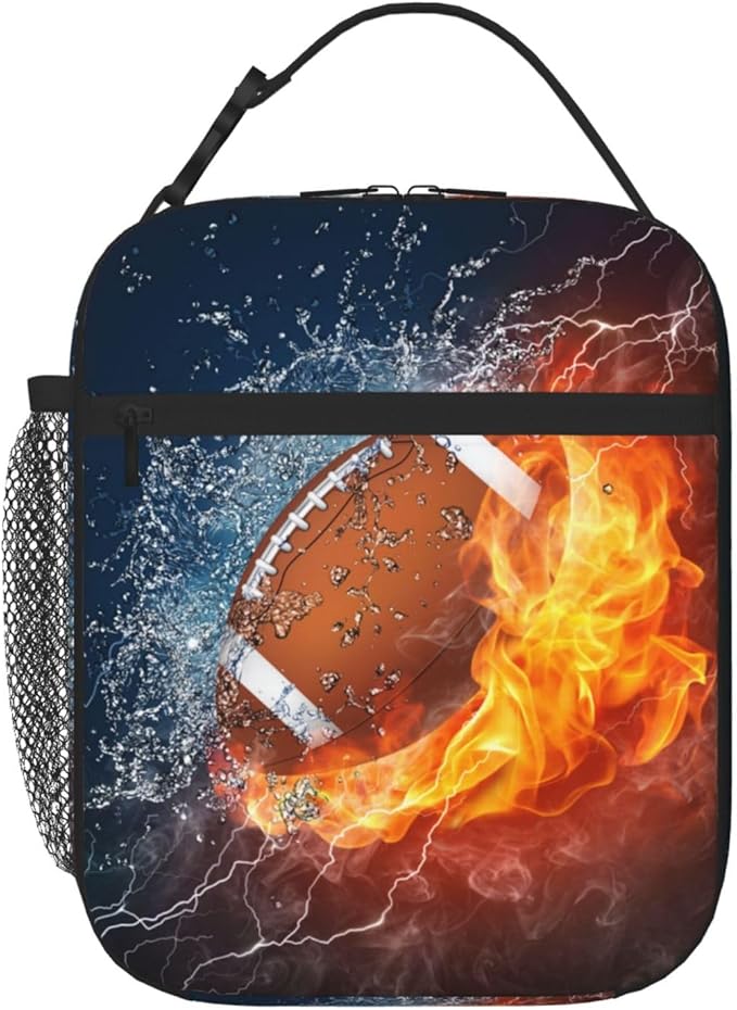 Sports-themed Football Lunch Box for Kids Teens Adults Boys Men, Insulated Leakproof Waterproof Reusable Lunch Bags with Water Bottle Holder, Portable Durable Cooler Tote Bag for School Work Travel