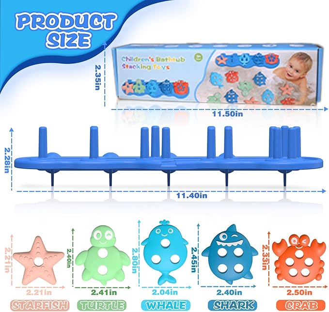 Toddler Bath Toys, Premium Silicone Mold Free Ocean Animal Shape Sorting & Stacking Baby Bath Toys, No Hole Bathtub Floating Toys Gift for Boys Girls, Early Learning Sensory Water Toys, Bathtime Fun