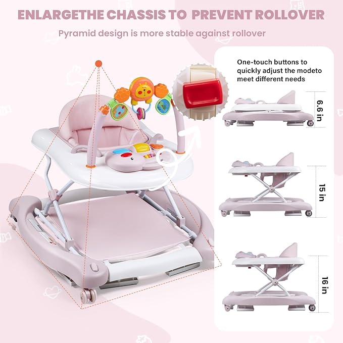 Baby Walker, 5-in-1 Baby Walkers for Boys and Girls 6-12 Months with Bouncer, Removable Footrest, Feeding Tray & Music, Foldable & Adjustable Activity Walker for 6-18 Months Toddler Infant
