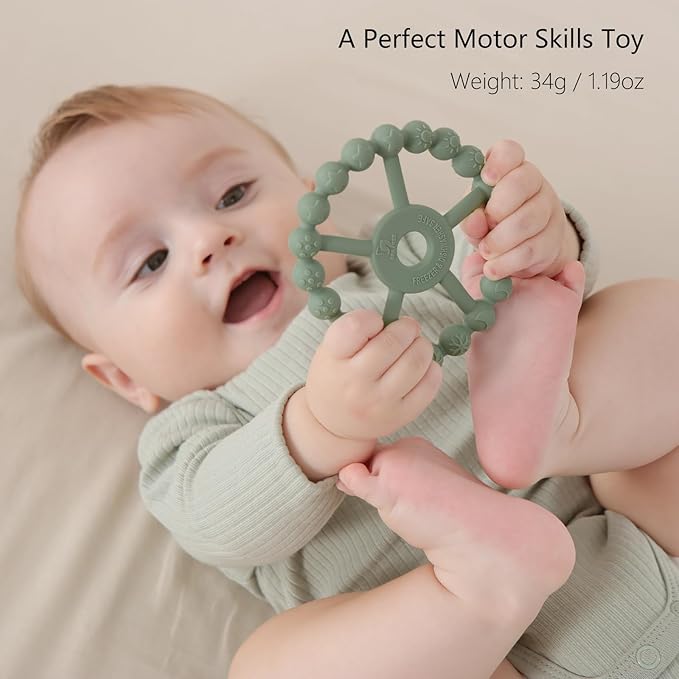 3 Pack Ring Teether Baby Infant Toys, Baby Essentials, Silicone Teething Ring Toys for Babies 6 Months, Seposeve Toddler Teethers 6-12 Months 12-24 Months, Infant Teething Relief, Brown Green Blue