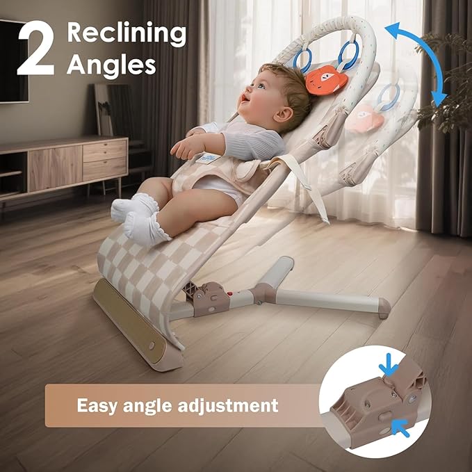 Tiny Marvels Baby Bouncer, 3-Point Harness Baby Bouncer Seat for Newborn Toddler, Portable Baby Rocking Chair with Sensory Toys and Music, Compact & Portable Baby sit up chair (Sand Checks)