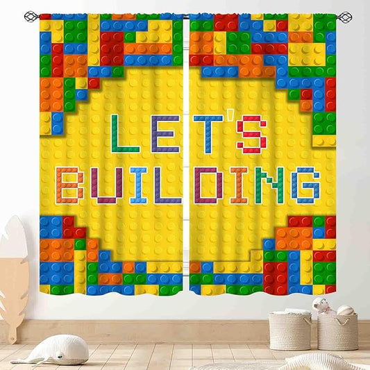 Building Blocks Curtains for Boys Room, Abstract Colorful Plastic Building Brick Blocks Geometric Printed Pattern Yellow Window Drapes for Kids Baby Bedroom Living Room, 84"x84" Inch