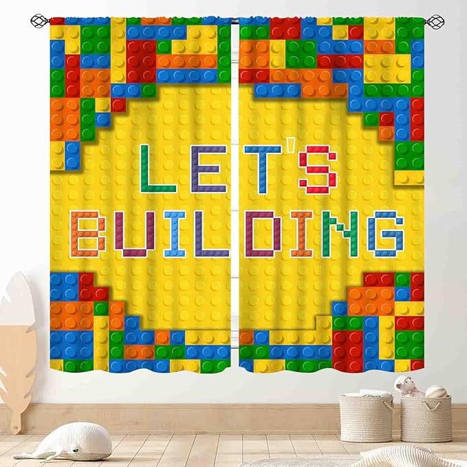 Building Blocks Curtains for Boys Room, Abstract Colorful Plastic Building Brick Blocks Geometric Printed Pattern Yellow Window Drapes for Kids Baby Bedroom Living Room, 42"x54" Inch