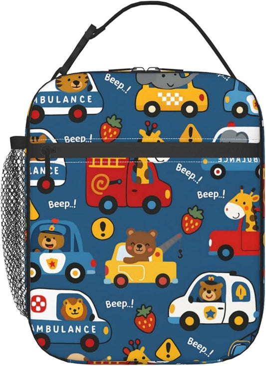 Cartoon Animal Car Lunch Box for Kids Boys, Cute Vehicle Reusable Thermal Insulation Cooler Tote Bags, Fun Traffic Theme Insulated Bag for School Picnic Camping Outdoor Travel, Gifts