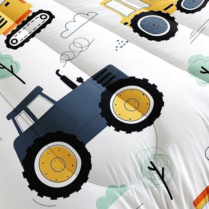 Kids Comforter Set Engineering Vehicle Printed Pattern Bedding Set with 1 Comforter and 2 Pillowcases for Girls Boys Bedroom All Season(Excavator Truck Engineering Vehicle01 Full)