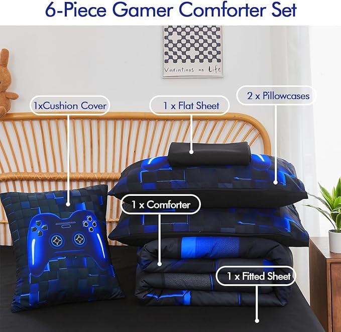 PERFEMET Twin Size Bed in A Bag 6 Pieces Gaming Bedding Set for Boys Blue Gamer Comforter with Sheet Set for Kids Teen Cool Video Game Black Quilt Bedding Set(Blue, Twin)