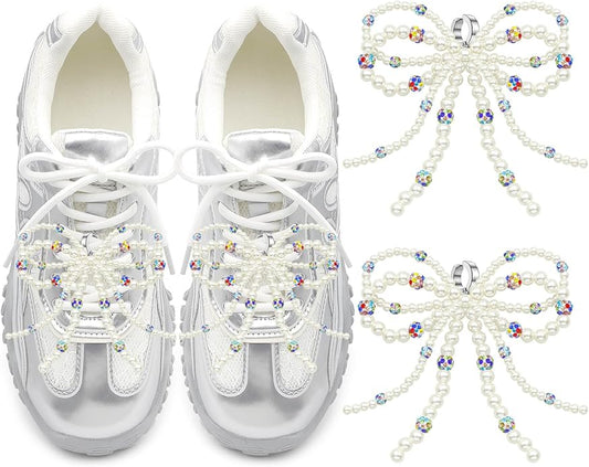 DELELE Pearl Bowknot Shoe Charms: Pearls Bow Sneakers Decorations for Women 2Pcs