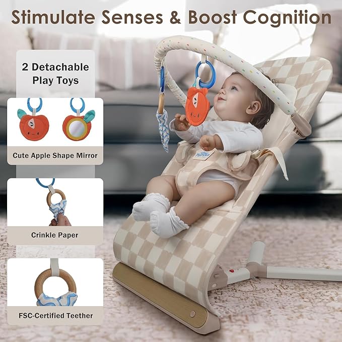 Tiny Marvels Baby Bouncer, 3-Point Harness Baby Bouncer Seat for Newborn Toddler, Portable Baby Rocking Chair with Sensory Toys and Music, Compact & Portable Baby sit up chair (Sand Checks)