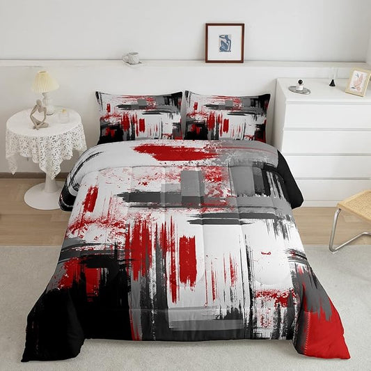 Feelyou Abstract Comforter Modern Abstract Art Comforter Set for Boys Girls Children Red Grey Black Pattern Bedding Set Room Decor Toddler Size Duvet Set 2Pcs
