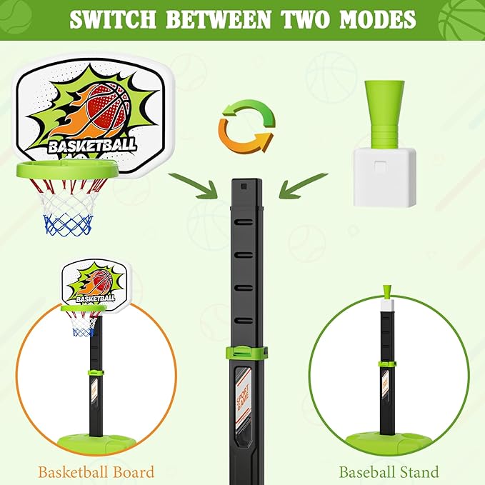 3 in 1 Toddler Basketball Hoop and Tee Ball Set for Boys: Kids Baseball Tee with Automatic Pitching Machine Adjustable Height Indoor and Outdoor Sports Toys Christmas Birthday Gifts for Boy Age 3-12