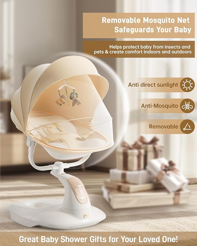 Baby Swing for Infants to Toddler, Electric Baby Swing with Sturdy Shield-Shaped Base, 180° Rotation Portable Infant Swing with 5 Speeds & 12 Lullabies for Newborn Baby Boy Girl Up to 20 lbs, White