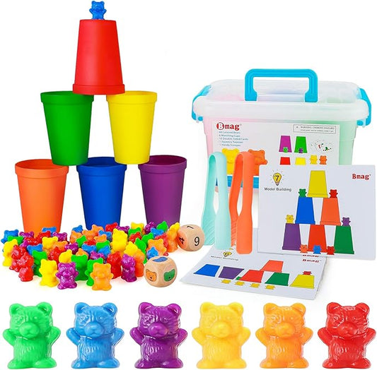 Bmag Counting Bears with Matching Sorting Cups,Pre-School Math Learning Games with 2 Dices,Color Recognition STEM Educational Toy for Toddler Bonus Tweezers, Storage Box, Activity Cards