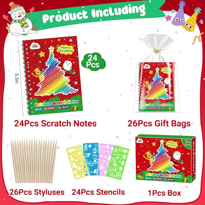ZMLM Rainbow Scratch Party Favors Kids: Classroom Birthday Gifts Toy Bulk Scratch Art Notebook 24 Pack Goodie Bags Stuffers Girls Boys Classroom Prizes Student School Stocking Stuffers (Christmas)