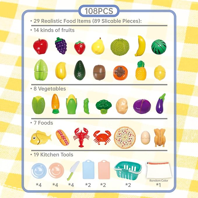 108pcs Learning Toys Play Food Set for Toddlers, Cutting Food for Preschool Activities, Pretend Play Kitchen Accessories for Kids, Color Sorting Set for Boys & Girls, Daycare Educational Toy